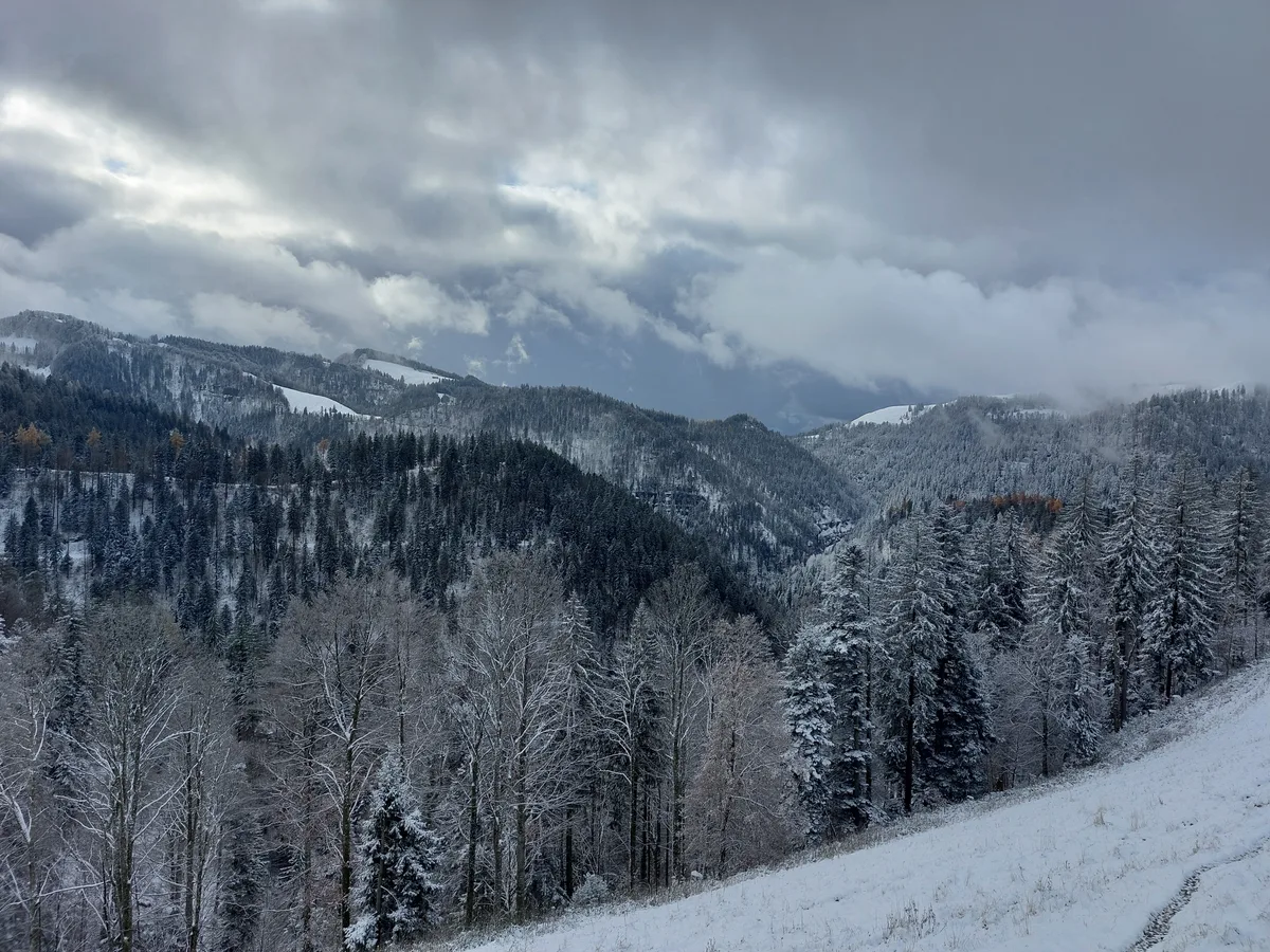 Eine verschneite Hügellandschaft.